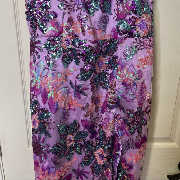 Boston Proper Embroidered Sequin Mesh Ruffle Slit Midi Dress Sz 14 - Picture 3 of 8